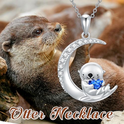 Image of PROESS Animal Birthstone Necklace 925 Sterling Silver Otter /Axolotl /Hippo /Elephant /Dachshund /Monkey /Red Panda Pendant Necklace Animal Birthstone Jewelry Gifts for Women