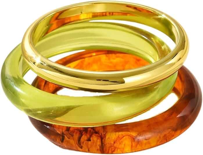 Transparent Resin Bangle Bracelets, 3 Pack Stackable Acrylic Clear Lucite Cuff Bangles, Gold Metal & Transparent Green Stacking Bracelet Set for Women Daily Jewelry