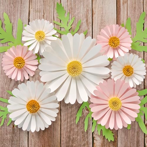 SUNBEAUTY 7 Stück 3D Weiß-Rosa Gänseblümchen Wanddeko,Papier Blumen...