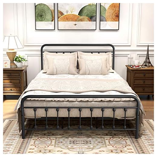 DUMEE Metal Queen Bed Frame with Headboard and Footboard Farmhouse Platform Bed Frame Queen Size Under Bed Storage No Box Spring Needed, Textured Black