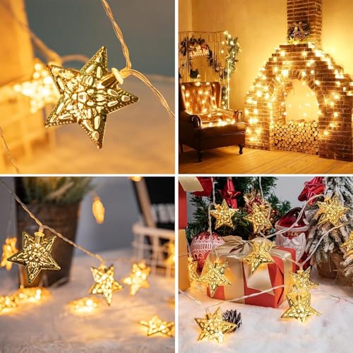 Image of Xenith 14 LED Decorative Star Shape Golden Metal String Lights Fairy Lights Decorative Lights for Diwali Christmas Home Marriage New-Year Festivals Decoration Lighting (Warm White, 3.5 Meter)