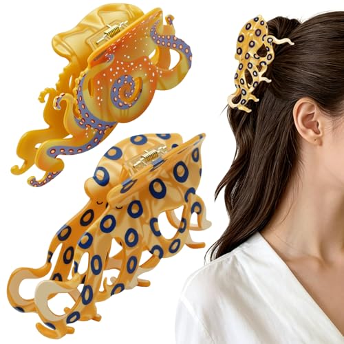 Hair Clips for Women - Octopus Hair Clip Claw Cellulose Acetate Material Big Hair-Clip for Thick Hair Novelty Shark Jaw with Blue-Ringed Octopus Cute Style - 2 Pack