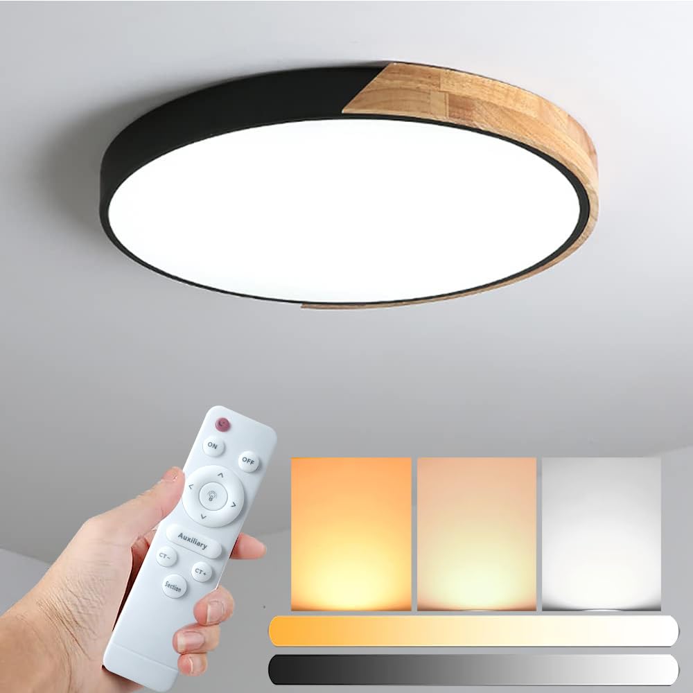 Liudefa LED Ceiling Light Fixture,20 Inch Modern Wood Recessed Ceiling Lights,Remote Control Dimmable Light,Black 36W Close to Ceiling Lighting Flush Mount Living Room Bedroom,3000K-6000K