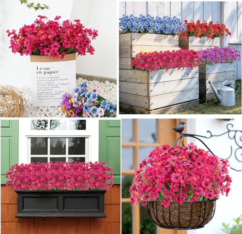 Image of Bassion 24 Bundles Artificial Flowers for Outdoors Decorations, Fuschia | UV resistant, silk fake flowers, realistic faux plants, outside planter window box porch garden home decoration