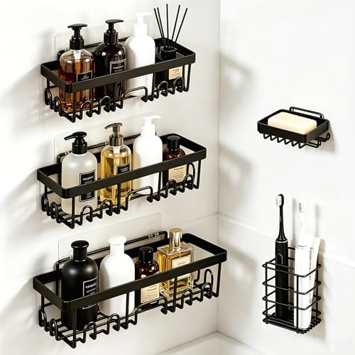 SANYCASA 5-Pack Adhesive Shower Caddy Stainless Steel Bathroom Shelves Organizer Set Rustproof Kitchen Storage Large Capacity No Drilling Wall Mounted Shelf for Shower Kitchen Home Decor Black