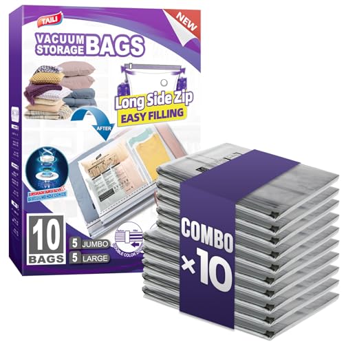 Image of TAILI 10 Pack Vacuum Storage Bags, 2 Size Combo(5 Large+5 Jumbo), Clear | LONG SIDE ZIP Vacuum Seal Bags for Clothing, Space Saver for Beddings, Comforters, Blankets, Pillows
