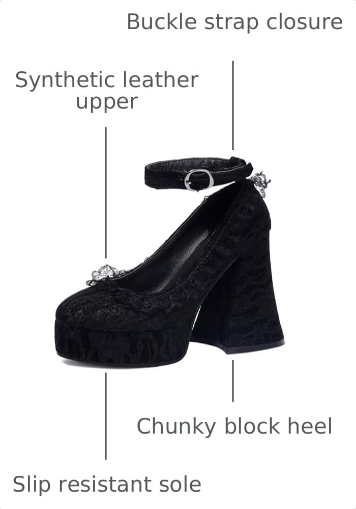 Image of KOKOMOMO Womens Lace Flower Heels Goth Platform Shoes Chunky High Heel Mary Janes Gothic Shoe
