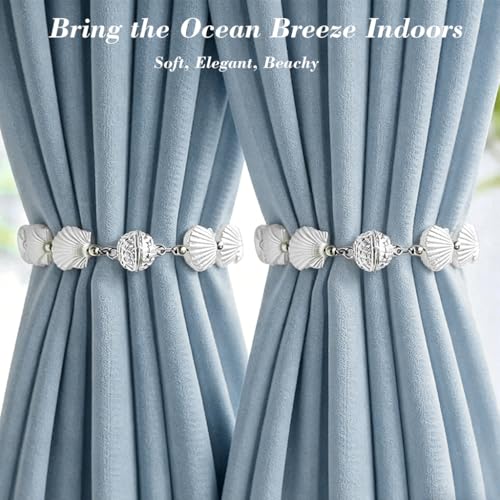 Image of HASTHIP 2Pcs White Seashell Chain Curtain Tiebacks for Heavy Drapery, Magnetic Curtain Holdbacks, Decorative Coastal Curtain Tie Back for Living Room & Bedroom, 40cm