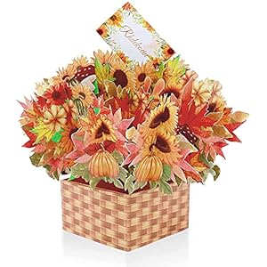 Bloem pop-upkaart “Bloemenmand met esdoornblad en pompoen” – 3D herfst- en oogstfeestkaart voor ouders, vrienden (wenskaart, cadeaukaart, verjaardagskaart) – decoratie, cadeau