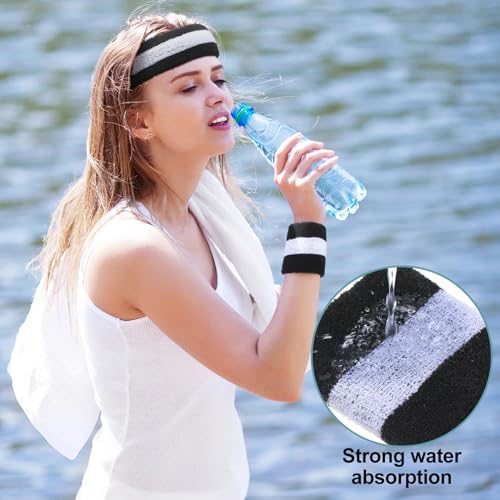 Image of Eurzom 36 Pcs Neon Sports Sweatbands Set Include 12 Striped Sweat Absorbing Headbands 24 Wristbands Athletic for Men Women Basketball Tennis Running Glow Party