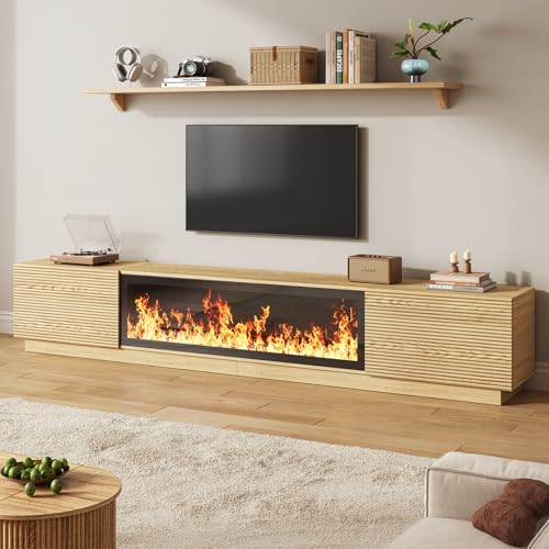 94.5" Fireplace TV Stand, Fluted TV Stands for Living Room, Natural