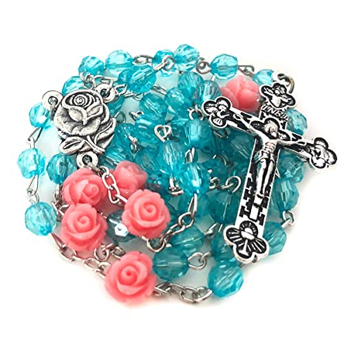 Lourdes Turquoise Crystal Cut Pink Rose Catholic Rosary Beads for Women - Necklace and Gift2