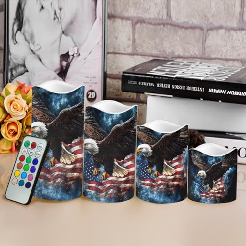 Image of USA Eagle Flag Plastic Flameless Candles with Remote Control and Timer LED Flickering Battery Operated Color Changing Electric Pillar Candles for Table Patriotic Decoration
