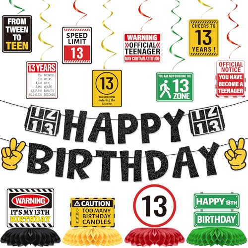 Image of 13th Birthday Decorations for Boys, 14PCS 13 Year Old Happy Bday Banners with Hanging Swirls Decoration Official Teenager Honeycomb Centerpiece Party Decor From Tween to Teen Supplies