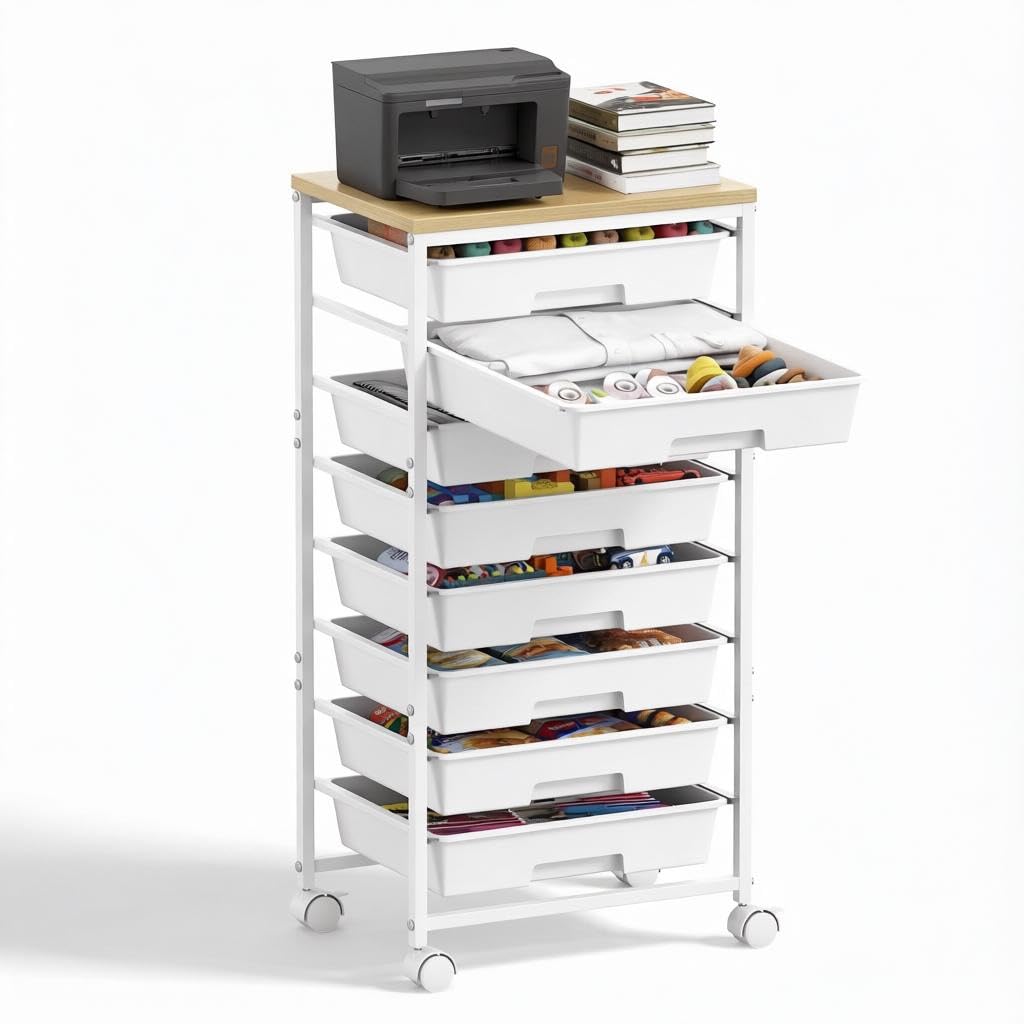 8 Drawer Rolling Storage Trolley with Wooden Worktop, Plastic Drawer Organiser Cart on Wheels with Lockable Silent Castors & Anti-Fall Latch, Makeup Beauty Craft Kitchen Storage