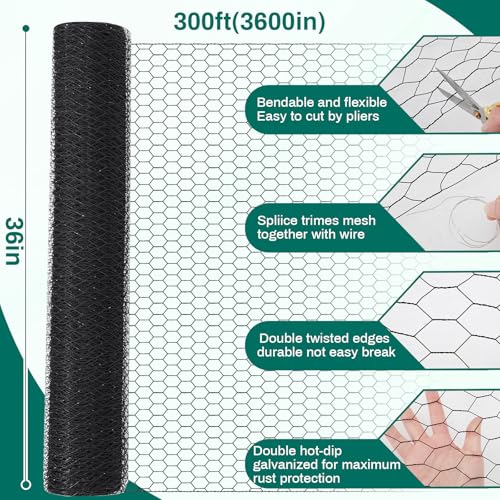 Image of GlikCeil 36 in x 300 ft Chicken Wire Mesh Fencing for Floral Garden, 23 Gauge Black Galvanized Steel Wire, 1 Inch Hexagonal Hardware Cloth Netting for Farm Crafts Poultry Coop Barrier Rabbit Cage