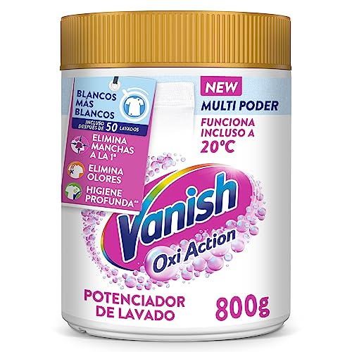 Vanish Oxi Action Multipoder Quitamanchas Multibeneficio, Blanqueador y Potenciador de Lavado, para Ropa Blanca, en Polvo, sin Lejía, 800 gr