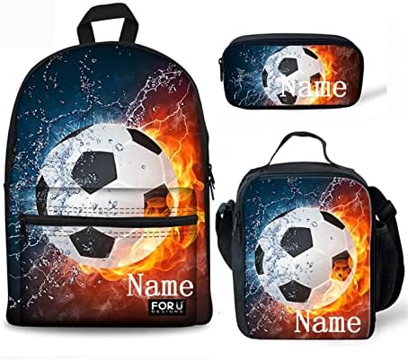 FOR U DESIGNS Kids Backpack Fire Soccer Print School Bags for Boys with Tote Lunch Bags Pencil Box 3 in 1 Custom Name Book Bags