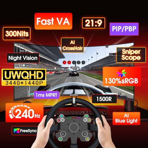 undefined SANSUI 34 Inch 240Hz Ultrawide Curved Gaming Monitor UWQHD 3440×1440, 21:9 2K Curved Monitor 1500R,HDR400,Fast VA, PIP/PBP,AI Crosshair,AIPQ(Visual Enhance),MPRT 1ms,HDMI2.1*2,DP1.4*2(DP Cable Incl.) の商品画像 1