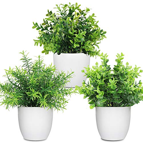 LELEE Artificial Potted Plants Mini Fake Plants, 3 Pack Small Plant Potted Faux Rosemary Green Decorative Plant with Plastic White Pot for Home Decor, Indoor, Office, Desk, Shelf, Table Decoration