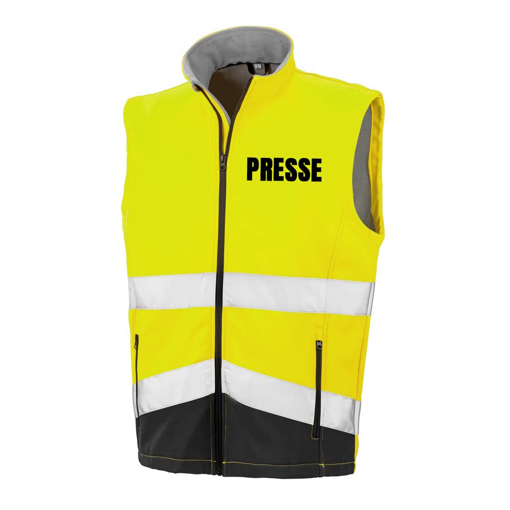 PRESSE Sicherheitsweste GELB aus Softshell - Gelb Warnweste nach EN ISO 20471 zertifiziert - Unisex und hochwertigem Reflektorstreifen