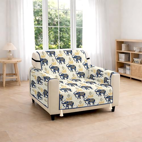 Image of Cloth Fusion 300 GSM Quilted Jaipuri Theme Printed 1 Seater Sofa Cover Mat-Style Fully Covered with Armrest Pockets, Adjustable Straps & Lock Fit (60 cm Seat Run, Elephant Motif)