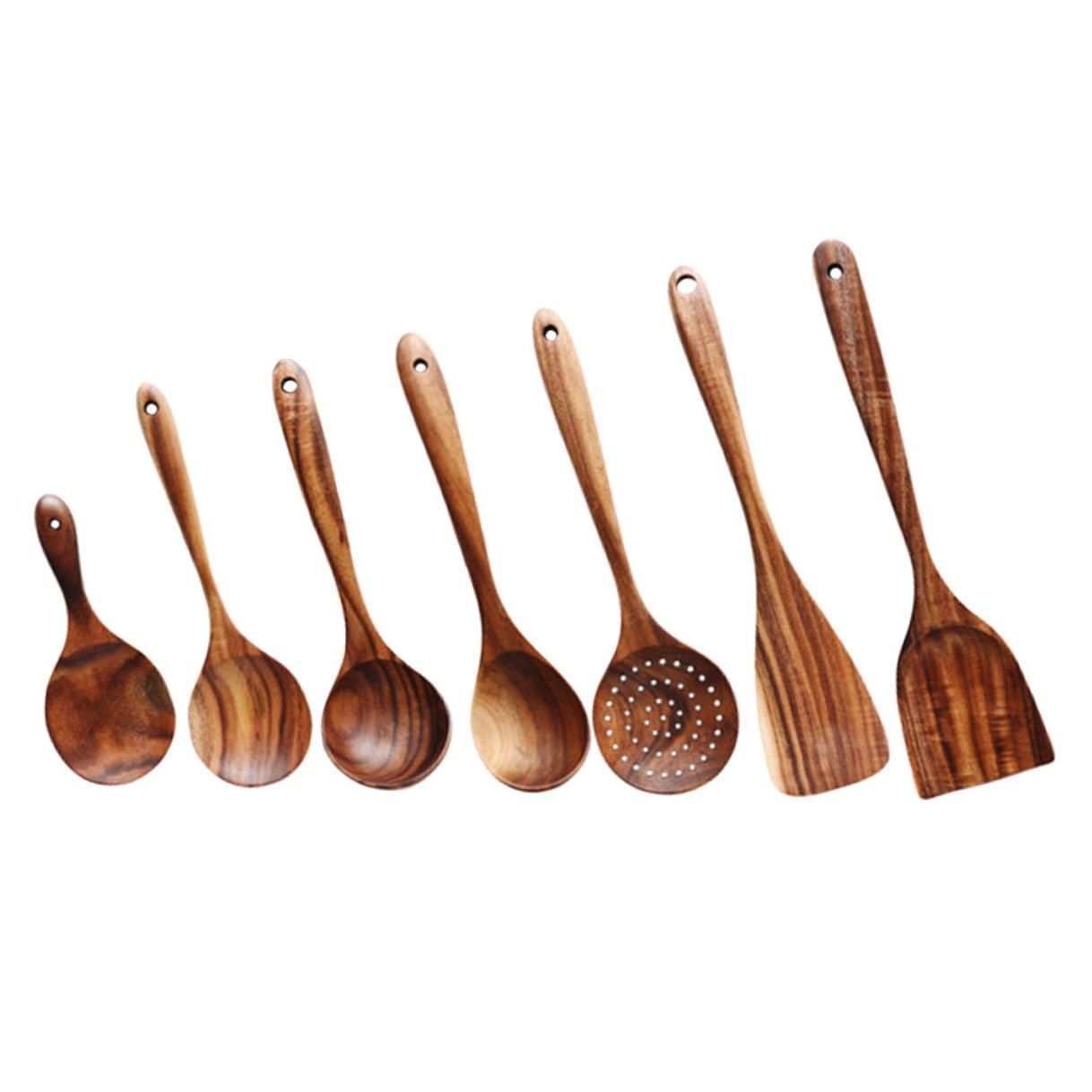 Set di Cucchiai da Cucina in Legno di Acacia 7 Pezzi, Cucchiaini da Tè e Palette Piccole Riutilizzabili, Utensili Ergonomici con Foro Appendibile per Casa, Bar e Ristoranti