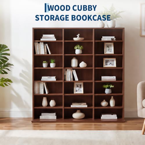 Image of Garvee 7 Tier Tall CD Display Cabinet, 21-Compartment Media Tower, Walnut