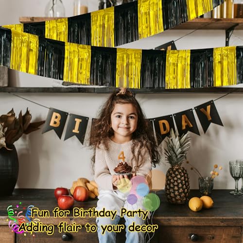Image of 4 Pack 39 Feet Black Gold Foil Fringe Garland Metallic Tinsel Streamers Banner Fringe Curtain Banner for Parade Floats Halloween Graduation Homecoming Birthday Party Decorations (Black, Gold)
