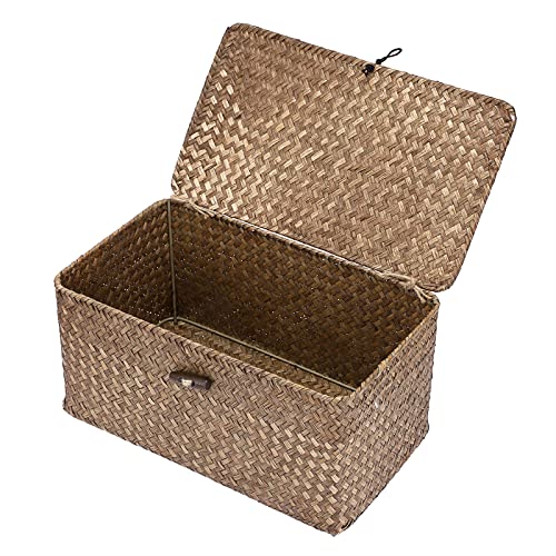 OLegei Panier de rangement en osier panier avec couvercle panier pour étagère boîte de rangement organisateur de table (31 x 18 x 15cm) Café
