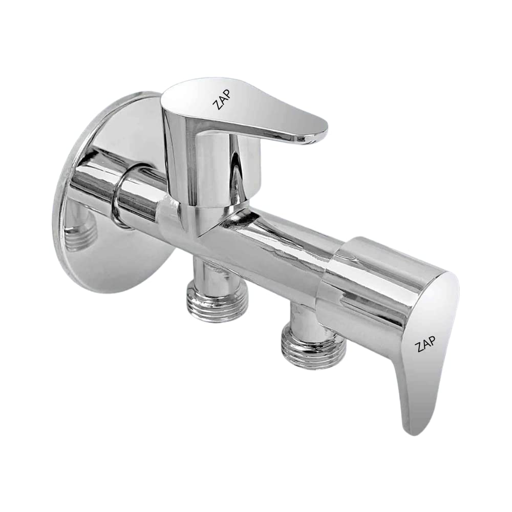 ZAP High Grade Brass 2 Way Angle Valve Chrome Finish 2 in 1 Angle Valve for Pipe Connection for Bathroom/Kitchen With Wall Flange- Quarter Turn Heavy Fitting Chrome Finish