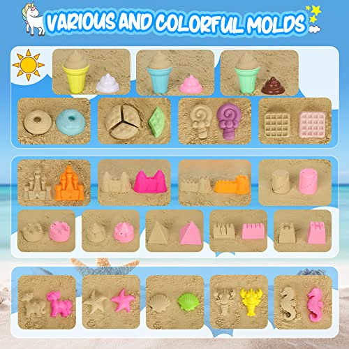 HUUIDY Beach Toys, 30Pcs Ice Cream Sand Toys, Sandbox Toys with Collapsible Sand Bucket and Sand Castle Kit, Cake, Lollipop, Sea Animal, Unicorn Molds, Shovels Set, Mesh Bag, Travel Toys for Girls 3+
