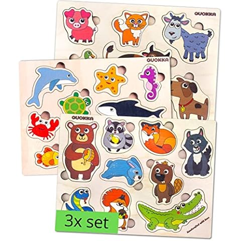 Toddler Toys for 1 2 3 Year Old Boys and Girls - 3 Montessori Wooden Puzzles for Kids by QUOKKA - Educational Animal Toys for 1-2 year olds Babies - Game for Boy ans Girl Cover