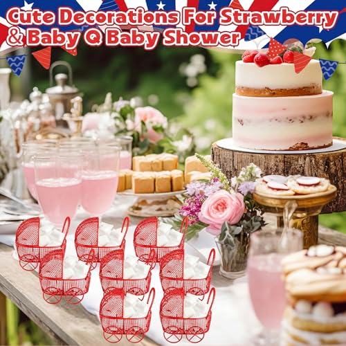 Image of Threehoney 12 Pcs Baby Shower Mini Carriage Decoration Red Strawberry Color Metal Wired Fillable Candy Stroller Baby Shower Table Centerpiece for Guest Gender Reveal Wedding Party Favor Gift
