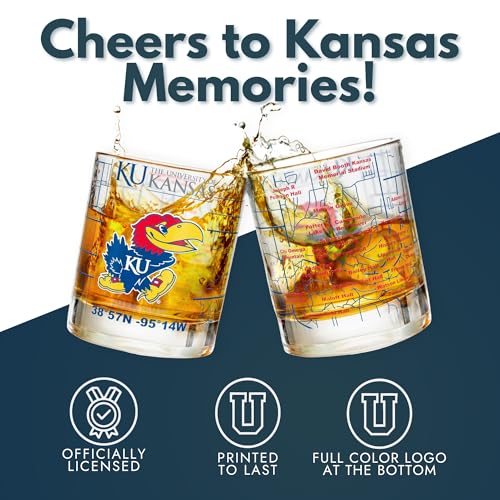 Image of Greenline Goods - University of Kansas Jayhawks College Whiskey Glasses (Set of 2), 10 oz - Full-Color Logo + Campus Map