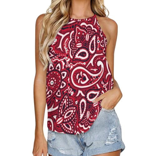 Women's Stylish Summer Tank Tops, Soft and Sexy Sleeveless Halter Blouses with High Neck Cami Tops (Paisley Bandana Red)