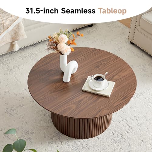 Image of 31.5 inch Round Coffee Table, Modern Fluted Accent Center Table with Metal Frame, Wooden Circle Coffee Tables for Living Room Small Space or Office (Walnut)