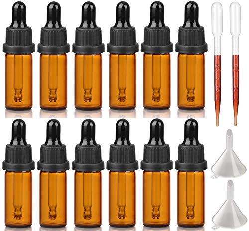 Hyber&Cara Pipette Bottles with Glass Pipette 5 ml Brown Glass Bottles Pharmacist Bottles with Dropper for Essential Oils, Perfume Oils, Liquid Dyes, Aromatherapy Blends, Pack of 12