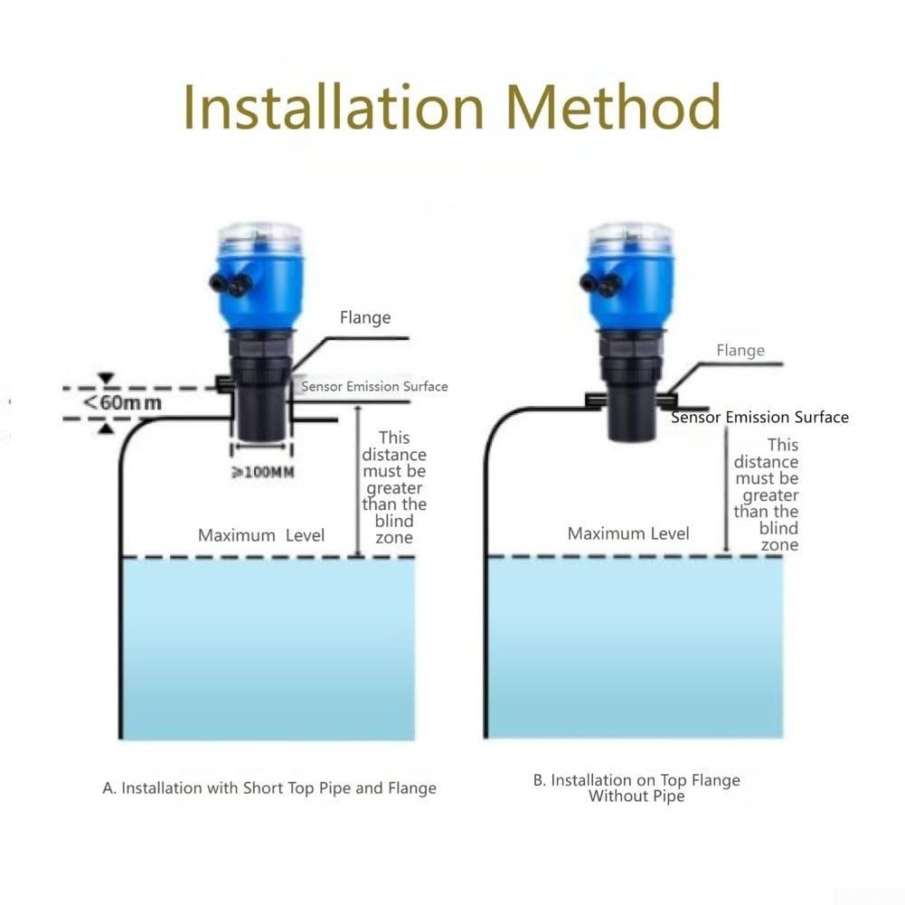 Sensor de nivel con salida de 4-20 mA para nivel de agua, medición sin contacto hasta 10 m, pantalla LCD, IP68 impermeable, para aguas residuales y líquidos (0-5 m)