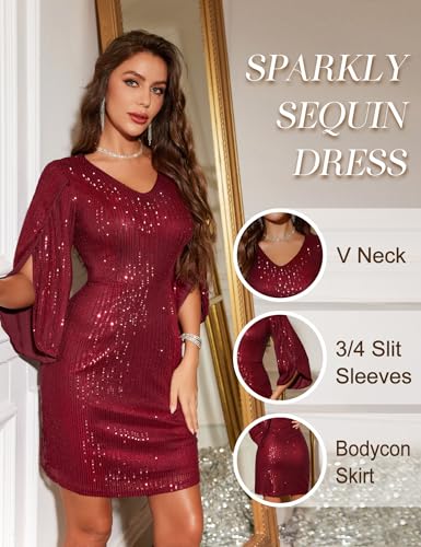 Image of Dressystar Sequin Dress for Women 2026 Sparkly Formal V Neck Long Slit Sleeves Glitter Bodycon Cocktail Party Prom Dresses
