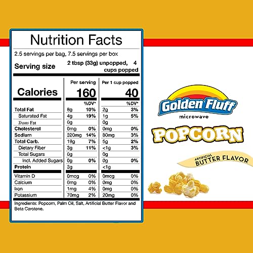 Golden Fluff Microwave Popcorn Bags In Bulk | Dairy Free Butter Flavored Popcorn Microwave Bags | Vegan - High Fiber - Kosher Snacks 2 Packs thumb #1