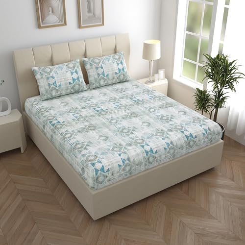LINENWALAS 100% Cotton Fitted Bed Sheet for King Size Bed, Printed All Around Elastic Bedsheet (72 x 78 Inches) with 2 Pillow Covers | 210 TC Soft, Breathable, Luxury Bedsheet (Blue Tribal)