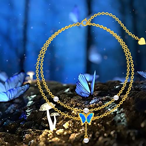 Rikelus 14K Real Gold Butterfly Anklets For Women Girls,Solid Gold Blue Opal Butterfly Ankle Bracelet Layered Foot Anklet Sea Beach Jewelry Gifts For Mothers Day Birthday 7.5/8+2 Inch #TOP2