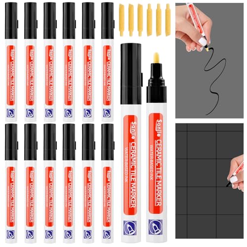 Sinofort Rotulador Juntas Azulejos Negro,12 Piezas Rotuladores para Juntas de Azulejos,Rotulador Reparador Laca Negro,Para Pared, Lechada,Lápiz de Retoque Para Azulejos,Pared,Suelo,Azulejos,Baño