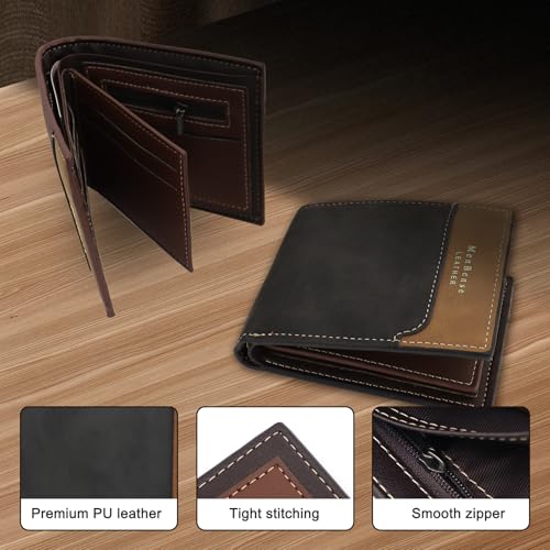 Mens Wallet, PU Leather Card Holder Wallet Card Wallet with Zipper Pocket for Men, Portable Credit Card Wallet with ID Card Slot Bifold Wallet for Work, Shopping, Travel (brown)3