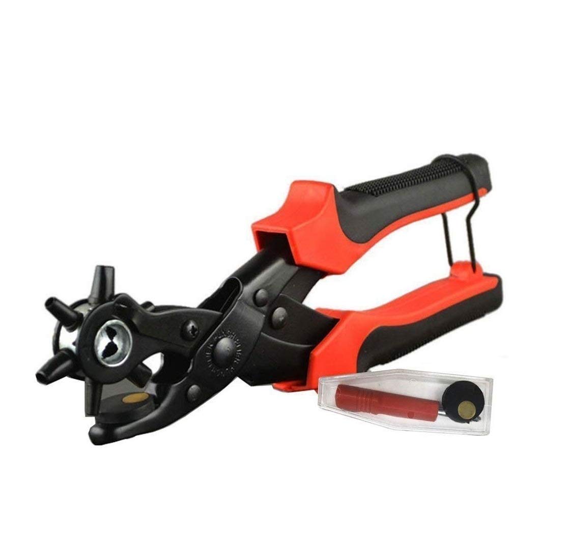 CAPE9 Heavy Duty Revolving Punch Plier Kit Punch Hole Tool including Punch Plier, Brass Pad, Screwdriver and Grinding Rod for Belt, Saddle, Watch Strap, Shoe, Fabric, Paper, etc (3 Round, 2 Flat, 1