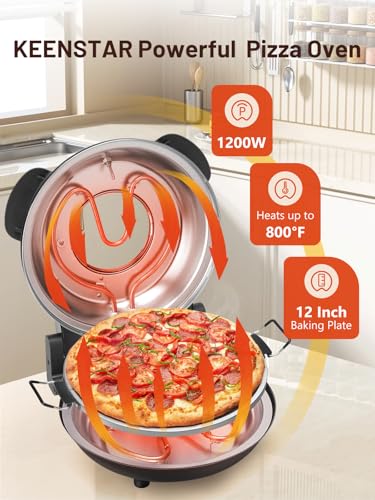 Image of KEENSTAR Pizza Oven Indoor 12-Inch, Countertop Glazed Ceramic Stone Pizza maker with Adjustable Timer, 1200W Heat up to 800F, Electric Pizza Cooker with Viewing Window Baked Pizzeria Style at Home