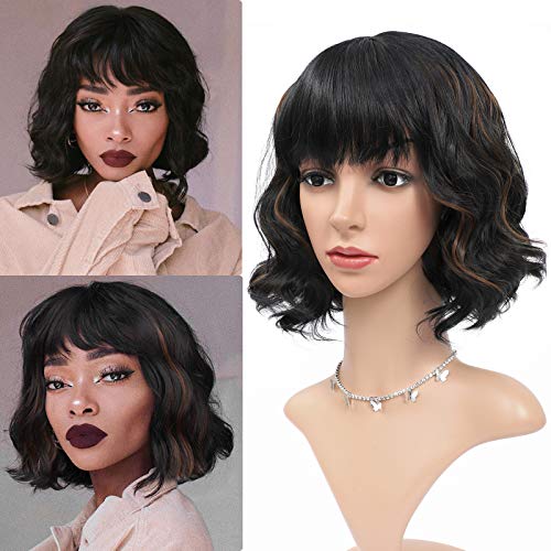 Short Wavy Bob Wigs with Bangs Black Mixed Brown Color Synthetic Bob Curly Wigs for Women Natural Looking Heat Resistant Fiber Hair Bob Style Wigs (12 Inch, Black mixed Brown)