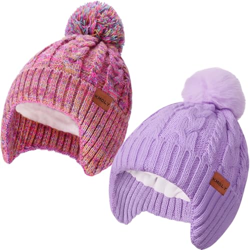 Image of KMOLY Kids Toddler Winter Hat 2PCS,Thick Warm Beanies with Pom Pom Fleece Lined Earflap Knit Hat for Boys Girls Children