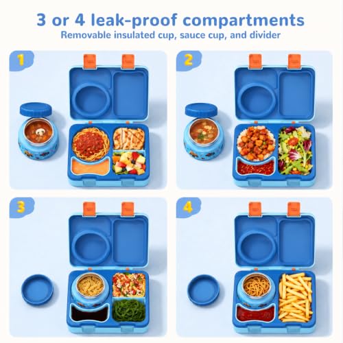 Image of Bento Box for Kids, Leakproof Kids Lunch Box with 8.5OZ Thermo Food Jar & Lunch Bag, 3-4 Compartments Toddler Insulated Lunch Box for Boys, BPA Free Lunch Containers for School Daycare